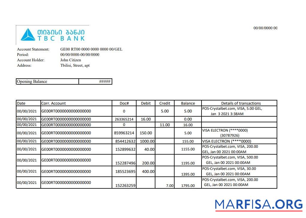 Blank Georgia TBC Bank statement easy to fill template in Excel and PDF format